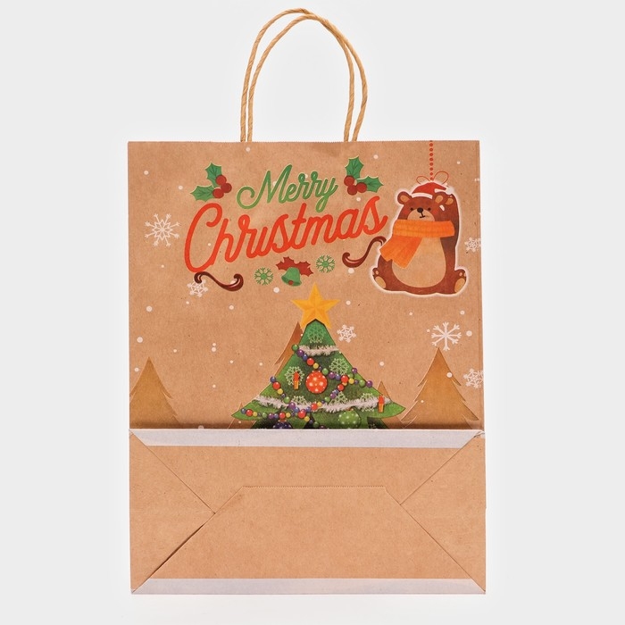 Новый год. Пакет бумажный подарочный новогодний крафт Новый год. Пакет бумажный подарочный новогодний крафт "Ёлка", 33 × 26 × 12 см.