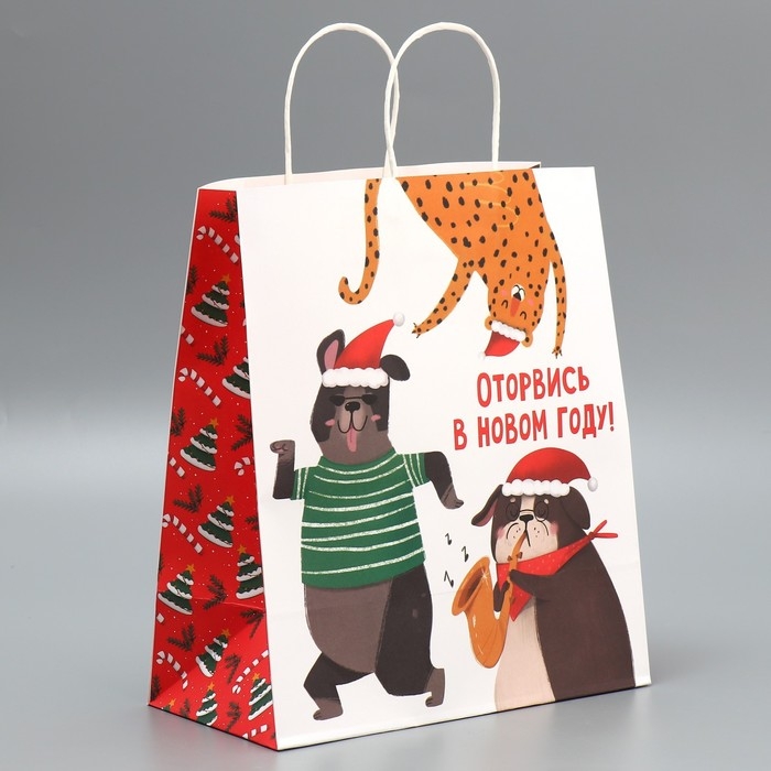 Пакет подарочный новогодний крафтовый «Оторвемся», 28 х 32 х 15 см, Новый год Пакет подарочный новогодний крафтовый «Оторвемся», 28 х 32 х 15 см, Новый год