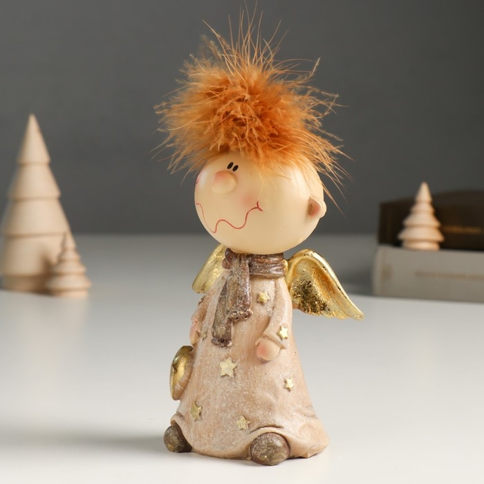 Сувенир полистоун  Сувенир полистоун "Ангелочек Афоня в наряде со звёздами, с сердцем" беж, блёстки 6х9х14,5 см   94988