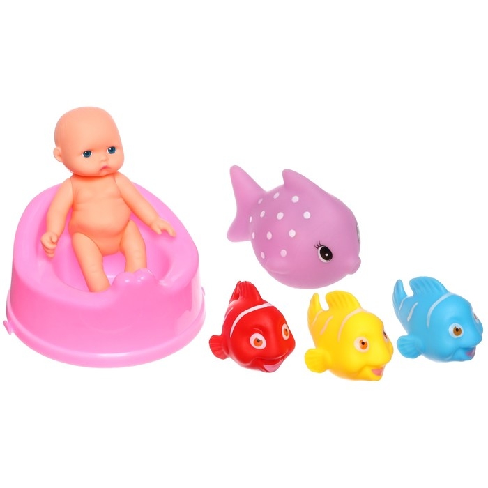 Набор резиновых игрушек для ванны «Пупсик с цветными рыбками», 6 шт, Крошка Я Набор резиновых игрушек для ванны «Пупсик с цветными рыбками», 6 шт, Крошка Я
