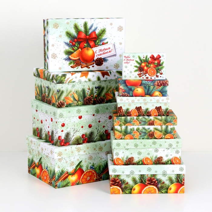Набор подарочных новогодних коробок 10 в 1 Набор подарочных новогодних коробок 10 в 1 "Мандариновое счастье", 32,5 х 20 х 12,5 - 12 х 7 х 4 см. Новый год