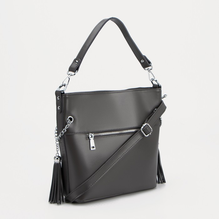 Сумка-тоут на молнии, 2 наружных кармана, длинный ремень, цвет серый