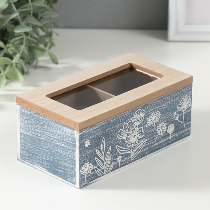 Шкатулка дерево 2 деления  Шкатулка дерево 2 деления "Полевые растения" синяя 8,8х16,2х7 см