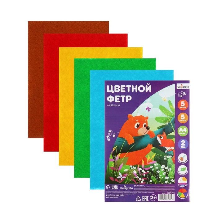 Фетр цветной набор, толщина-2 мм, формат А4, мягкий, 5 листов, 5 цветов, насыщенные цвета Фетр цветной набор, толщина-2 мм, формат А4, мягкий, 5 листов, 5 цветов, насыщенные цвета