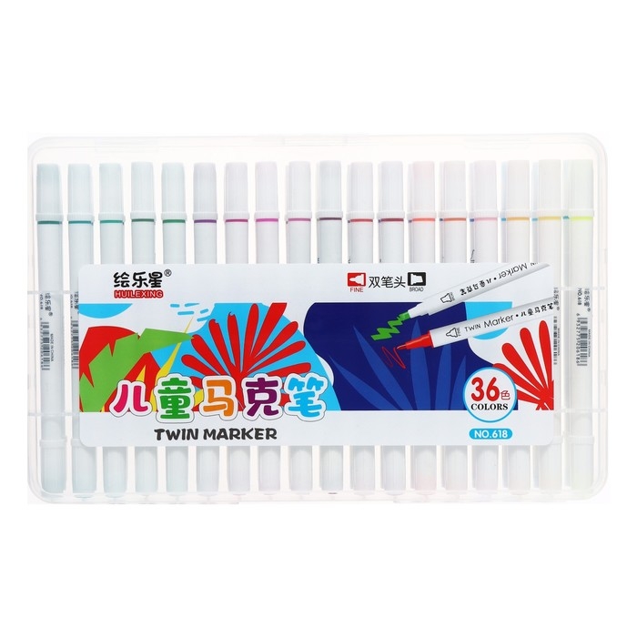 Набор маркеров, двусторонние, пулевидный и скошенный наконечники, 36 цветов Набор маркеров, двусторонние, пулевидный и скошенный наконечники, 36 цветов