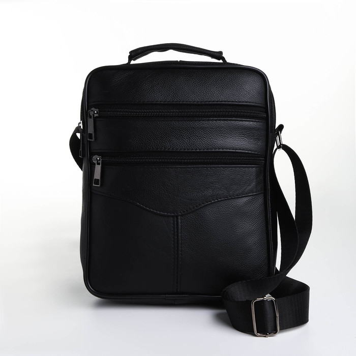 Сумка мужская на молниях, длинный ремень, цвет чёрный