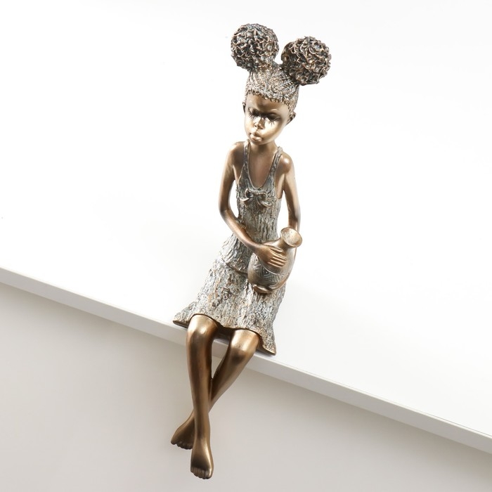 Сувенир полистоун "Девочка с кудрявыми хвостиками, с кувшином" под бронзу 14,5х8,5х34,5 см