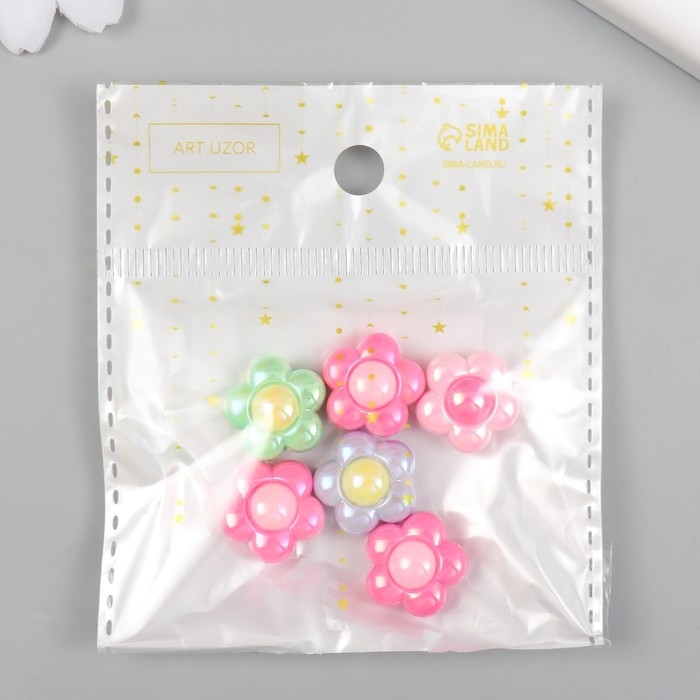 Бусина для творчества пластик Бусина для творчества пластик "Цветочек" цветная с перламутром МИКС 1х1,6х1,6 см набор 6 шт.