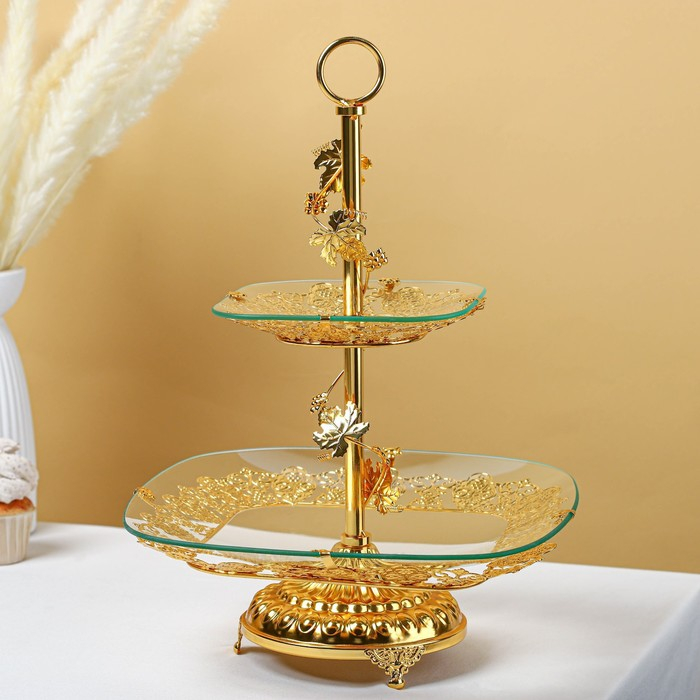 Этажёрка - фруктовница квадратная, 2 яруса, 29×29 см, 17×17 см, высота 43 см, стекло