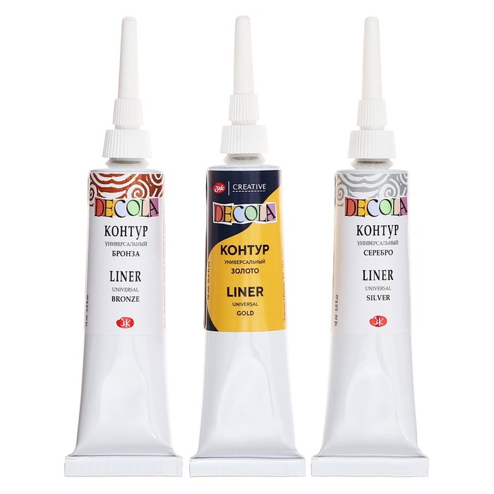 Контур универсальный, набор 3 цвета х 18 мл, ЗХК Decola, Контур универсальный, набор 3 цвета х 18 мл, ЗХК Decola, "Металлик", золото, серебро, бронза, 13641559