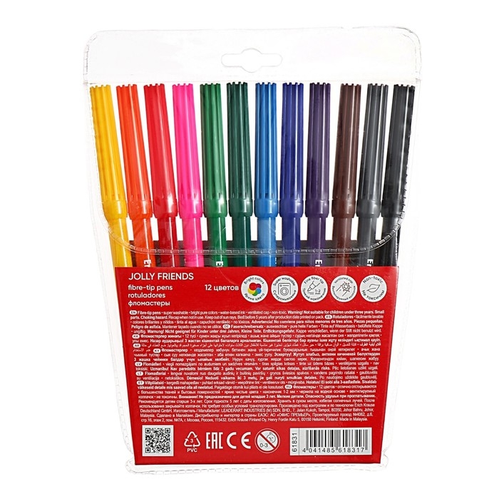 Фломастеры 12 цветов, ErichKrause, Jolly Friends Super Washable, вентелируемый колпачок, МИКС Фломастеры 12 цветов, ErichKrause, Jolly Friends Super Washable, вентелируемый колпачок, МИКС