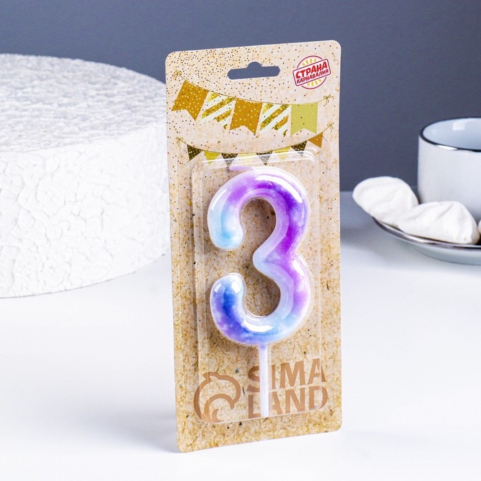 Свеча в торт на шпажке  Свеча в торт на шпажке "Галактика", цифра 3, 9 см, ГИГАНТ