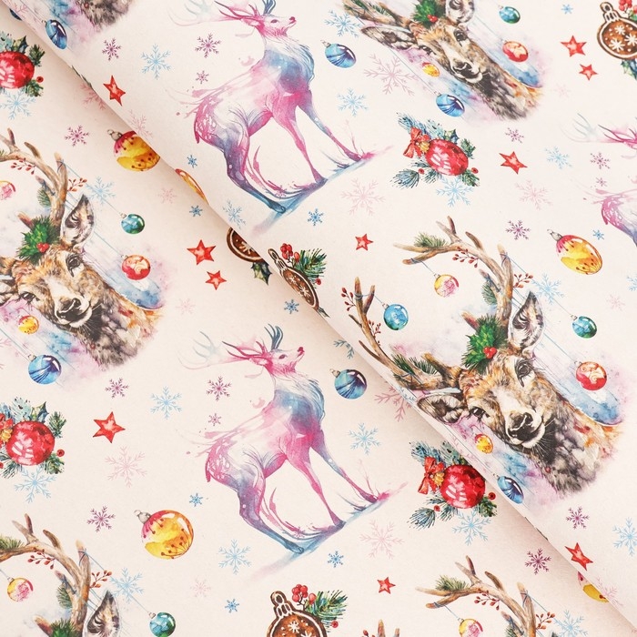 Новый год. Бумага упаковочная крафт белый Новый год. Бумага упаковочная крафт белый "Олени", 70 х 100 см,1 лист,