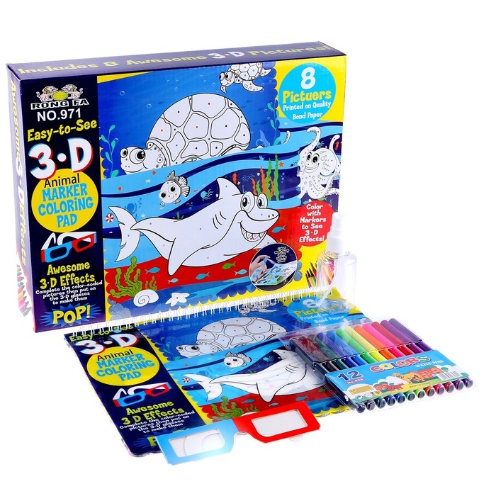 Книжка-раскраска многоразовая «Подводный мир» фломастеры 12 цв., 3D очки, бутылочка для воды Книжка-раскраска многоразовая «Подводный мир» фломастеры 12 цв., 3D очки, бутылочка для воды