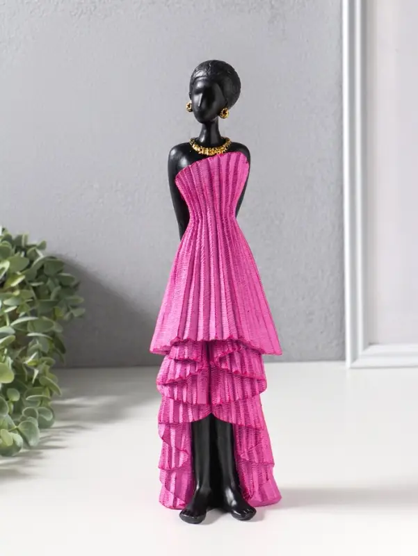 Сувенир полистоун "Девушка в ярко-розовом платье с оборками" чёрный 9х8,5х30,5 см