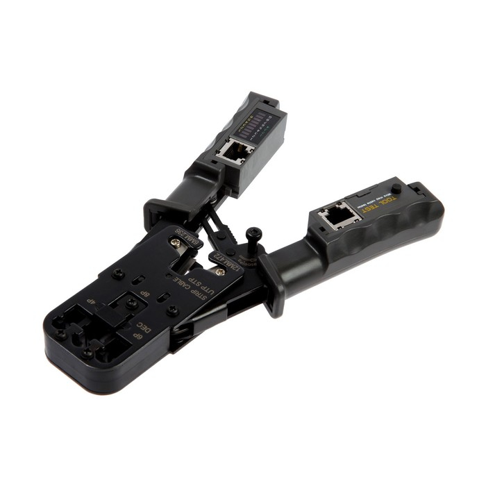 Кримпер-тестер ТУНДРА, с тестером кабеля, RJ-45 8P, RJ-12 6P, RJ-11 4P, вертикальный обжим Кримпер-тестер ТУНДРА, с тестером кабеля, RJ-45 8P, RJ-12 6P, RJ-11 4P, вертикальный обжим