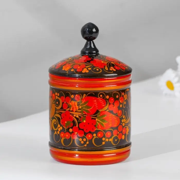 Банка для хранения сыпучих продуктов, кадочка, средняя, 9&times;14 см, дерево, хохлома, МИКС