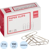 Скрепки Deli никелированные, 33 мм, негофрированные,100 шт/уп