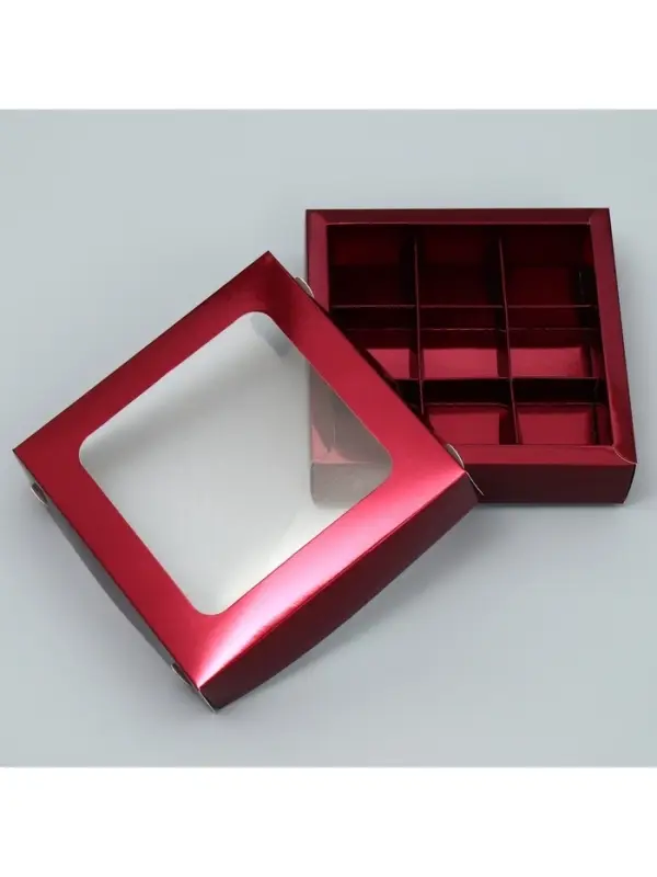 Коробка для конфет, кондитерская упаковка, 9 ячеек, &laquo;Бордовая&raquo;, 14.7&times;14.7&times;3.5 см