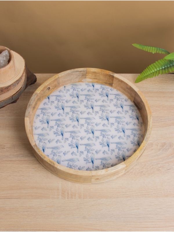 Поднос круглый с бортиками Поднос круглый с бортиками "Синие птицы" дерево манго 35х35х6,5 см