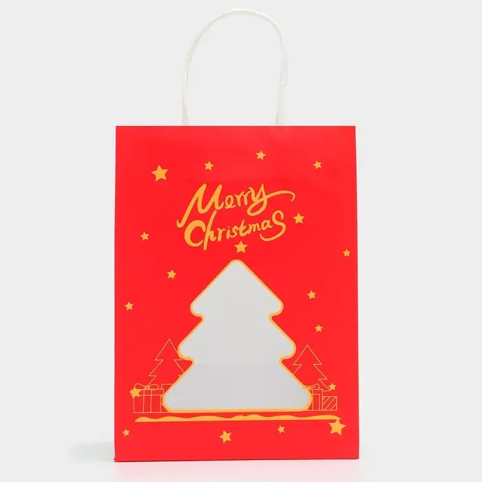 Пакет подарочный бумажный с окном &laquo;Ёлка&raquo; 19&times;26&times;13 см, крафт красный