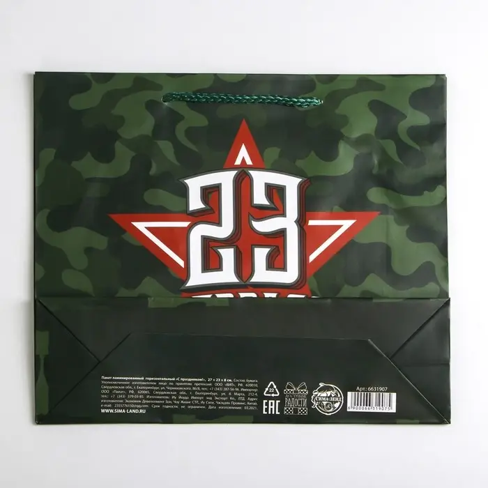 Пакет подарочный ламинированный, упаковка, «С 23 февраля», ML 25 х 21 х 8 см