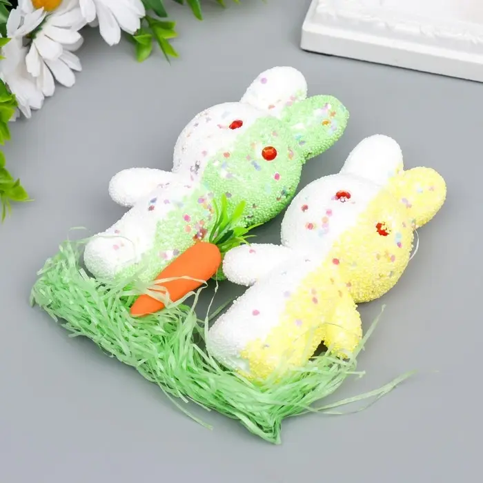 Пасхальный декор «Зайчата в посыпке с морковкой и травкой», набор: жёлтый, зелёный, 12 см, настольная фигурка Пасхальный декор «Зайчата в посыпке с морковкой и травкой», набор: жёлтый, зелёный, 12 см, настольная фигурка
