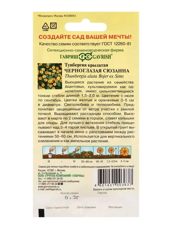 Семена цветов Тунбергия крылатая Черноглазая Сюзанна 0,3 г