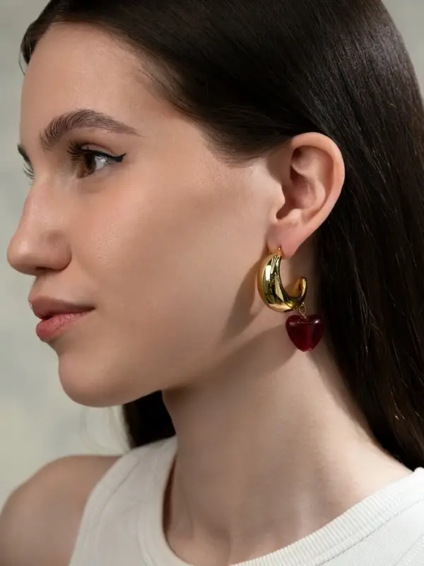 Серьги &laquo;Новый стиль. Сердечки&raquo;, бордовые в золоте d=3 см