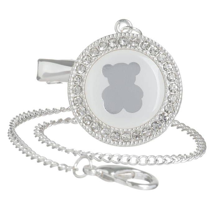 Соска - пустышка силиконовая ортодонтическая «Мишка», от 6 мес., с колпачком + держатель - цепочка, цвет серебренный, стразы