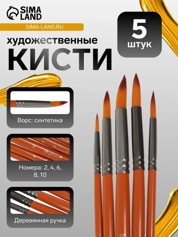Набор кистей для рисования, синтетика, 5 штук: № 2, 4, 6, 8, 10, круглые, деревянная ручка, международный размер