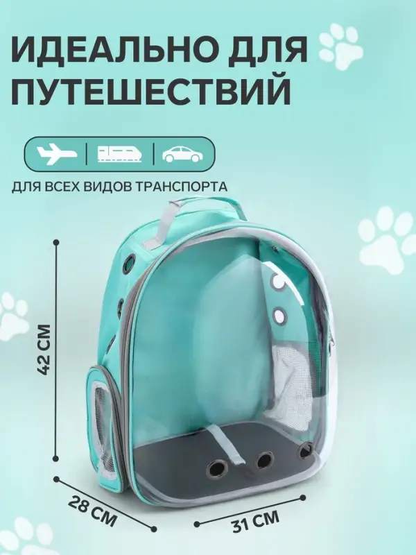 Рюкзак для переноски животных, 31&times;28&times;42 см, прозрачный, бирюзовый