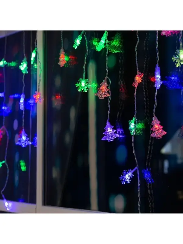 Гирлянда &laquo;Бахрома&raquo; 1.8&times;0.5 м с насадками &laquo;Ёлки и снежинки&raquo;, IP20, прозрачная нить, 48 LED, свечение мульти (RG/RB), мигание, 220 В