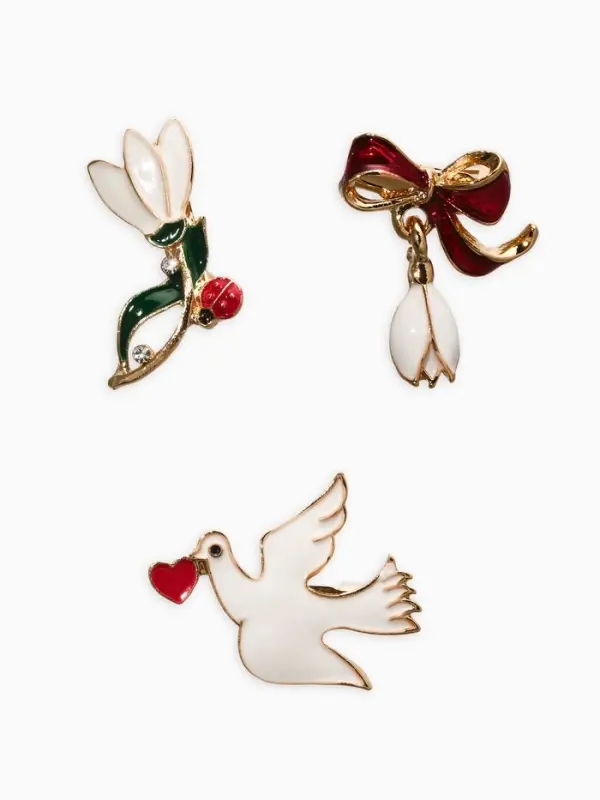 Броши "Голубь, подснежники" (набор 3шт), цветной в золоте