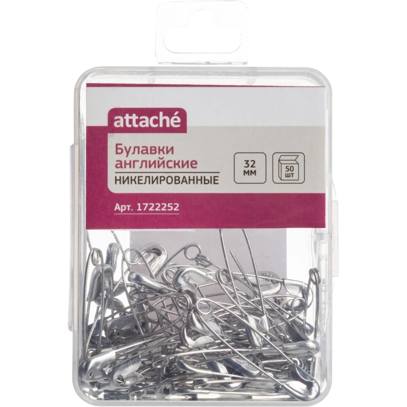 Булавки английские Attache, 32 мм, никелир.,50 шт/уп,пласт.коробка,европодв