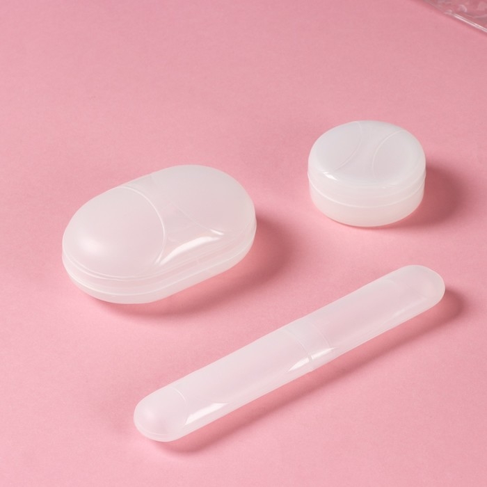 Набор дорожный Доляна, 3 предмета в косметичке, футляр для зубной щётки, мыльница, стакан складной, прозрачный Набор дорожный Доляна, 3 предмета в косметичке, футляр для зубной щётки, мыльница, стакан складной, прозрачный