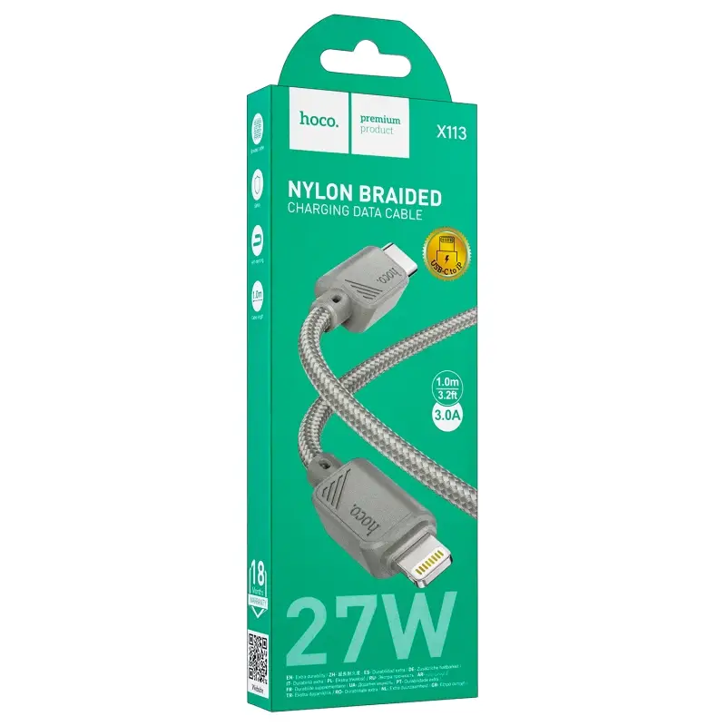 Кабель X113 Type-C на Lightning 1M 3A 27W HOCO серый