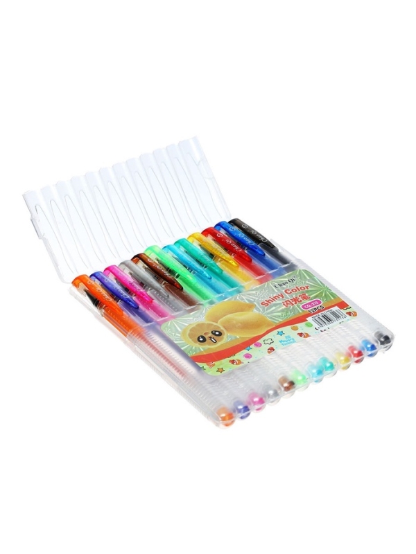 Набор гелевых ручек, 12 цветов, с блестками, с резиновым держателем, в пластиковой коробке
