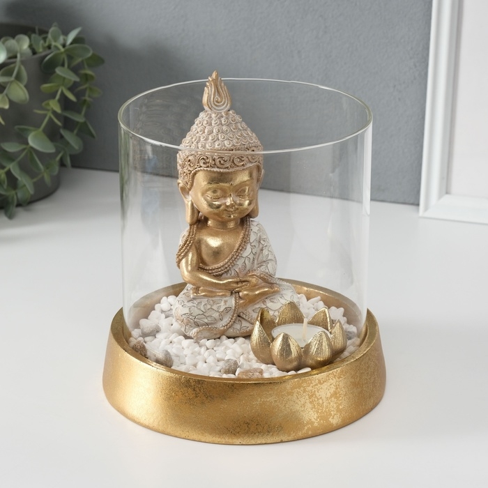 Сувенир полистоун, стекло  Сувенир полистоун, стекло "Медитирующий Будда в саду камней" со свечой 18х18х18 см