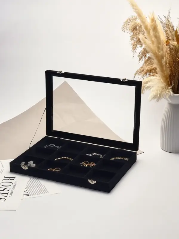 Шкатулка для украшений 12 ячеек, стеклянная крышка, 35&times;24&times;4.5 см, чёрная