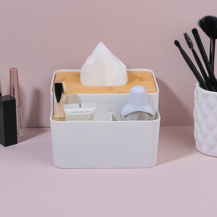 Органайзер для хранения «BAMBOO», с крышкой, 3 секции, 16 × 15 × 10 см, цвет белый/коричневый