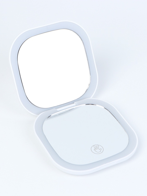 Зеркало косметическое, подсветка 9х9х1,3 см, 1 диод, увеличение, от АКБ, белое Зеркало косметическое, подсветка 9х9х1,3 см, 1 диод, увеличение, от АКБ, белое