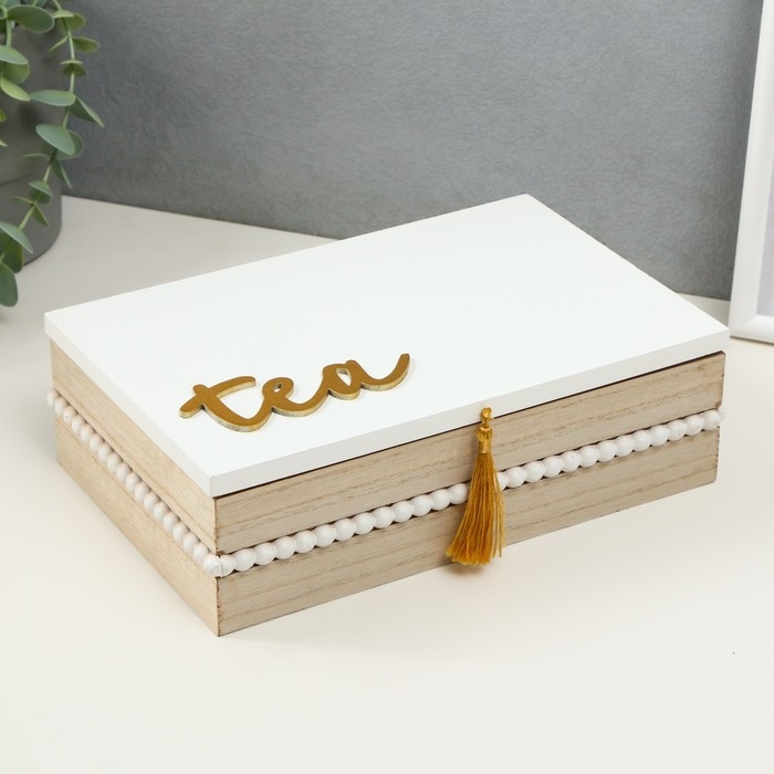 Шкатулка дерево с делениями  Шкатулка дерево с делениями "Белые бусины" 22,7х15,5х7,3 см