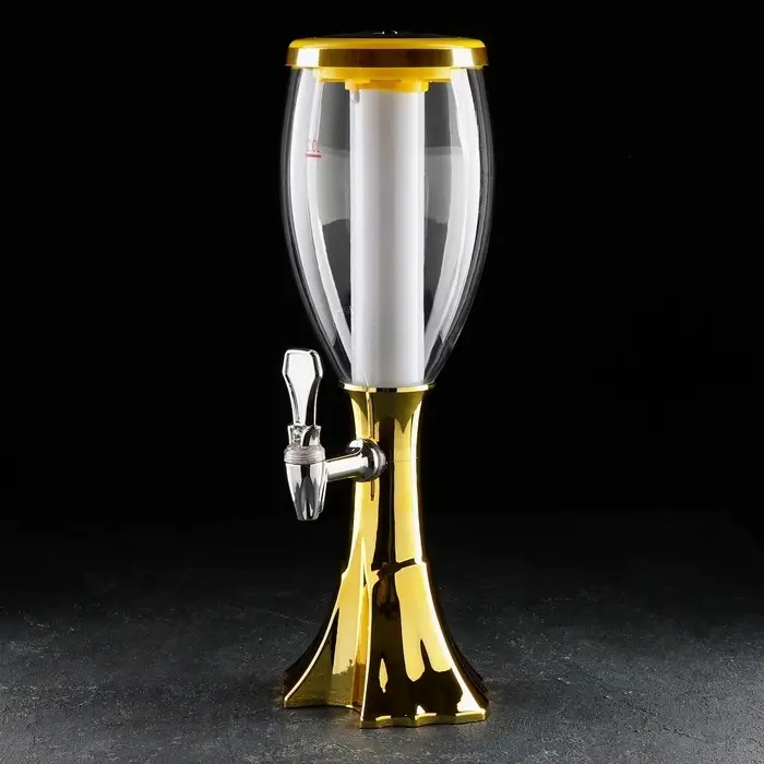 Башня пивная с краном Gold, колба для льда, с подсветкой, 2 л, пластик, батарейки AG3, золотистая
