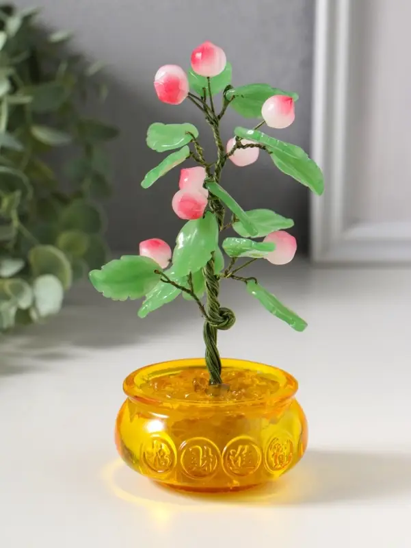 Сувенир бонсай "Дерево с персиками в чаше богатства" 9 персиков 14 листьев 7,5х9,5х16 см