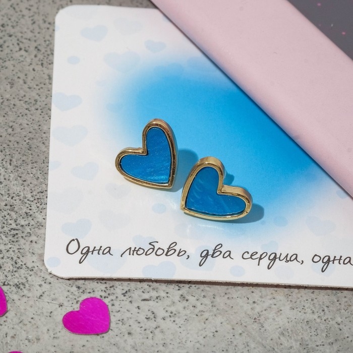 Серьги с эмалью «Сердце» мультик, цвет синий в золоте Серьги с эмалью «Сердце» мультик, цвет синий в золоте