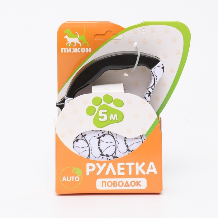 Рулетка с поводком-лентой, резиновая ручка, 5 м, вес животного до 15 кг, белая с орнаментом Рулетка с поводком-лентой, резиновая ручка, 5 м, вес животного до 15 кг, белая с орнаментом