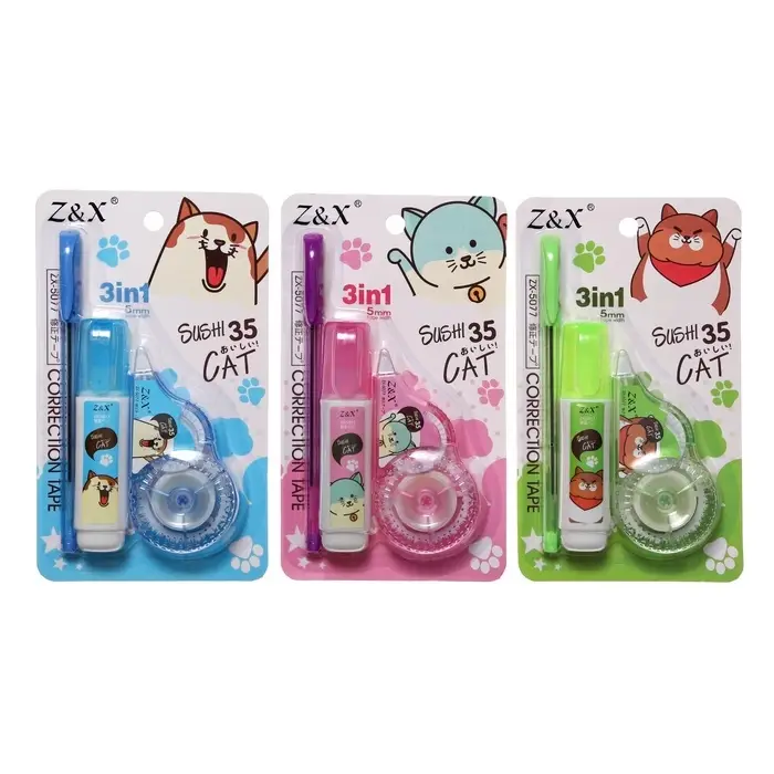 Набор (корректор-лента 5 м &times; 5 мм + корректор-ручка +ручка шариковая) на блистере, МИКС