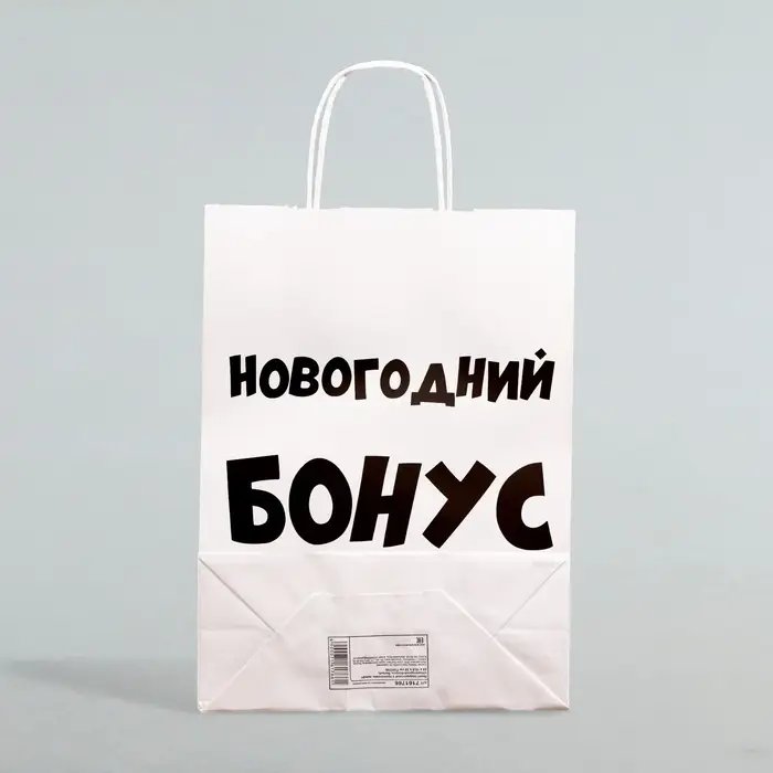 Пакет бумажный подарочный новогодний крафт «Новогодний бонус», белый, 28×24×14 см