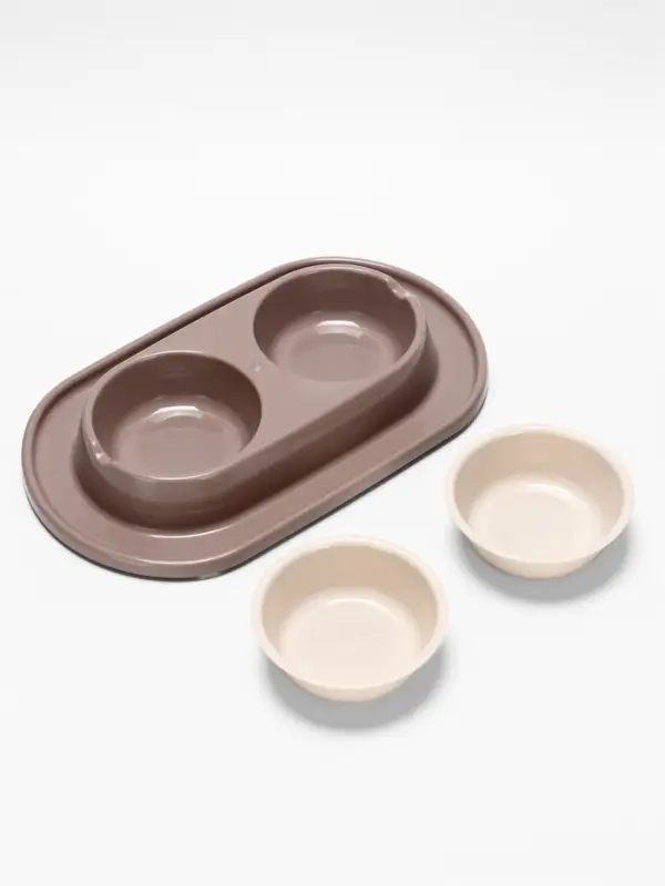 Миска двойная для животных &laquo;Мур-мяу&raquo;, 300 мл, на подставке, пластик, бежевая